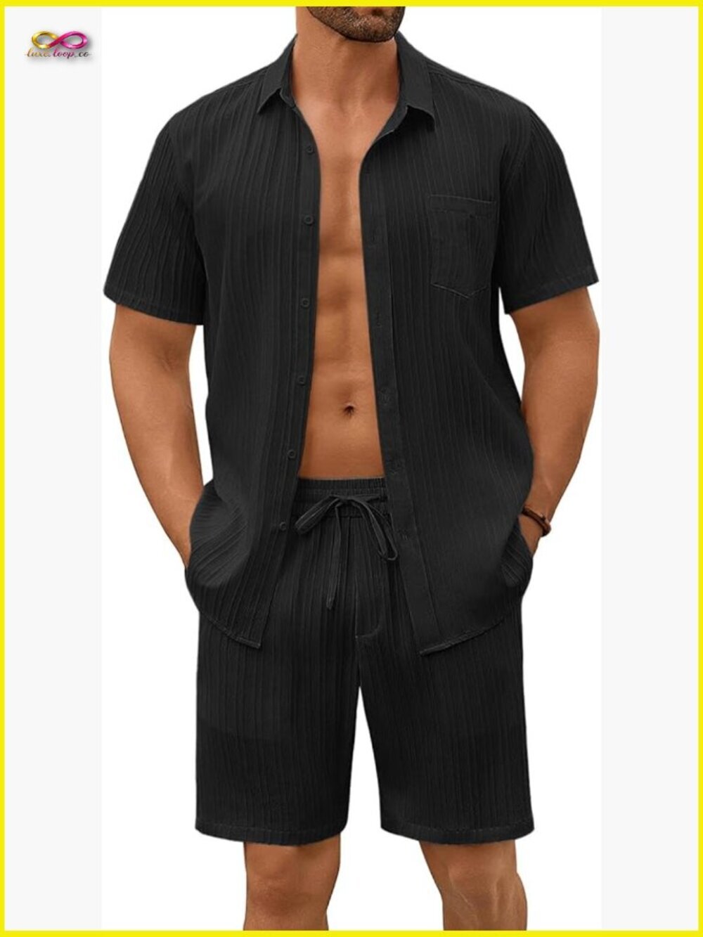 Men's 2 Piece Short Set Linen Texture Vacation Outfits Button Down Shirt and